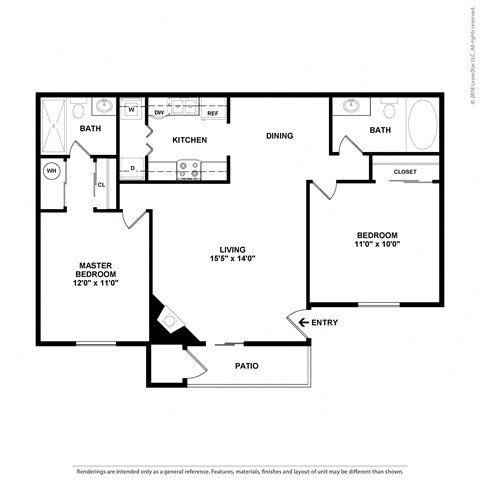 Floor plan for 2 beds, 2 baths, 880 sqft